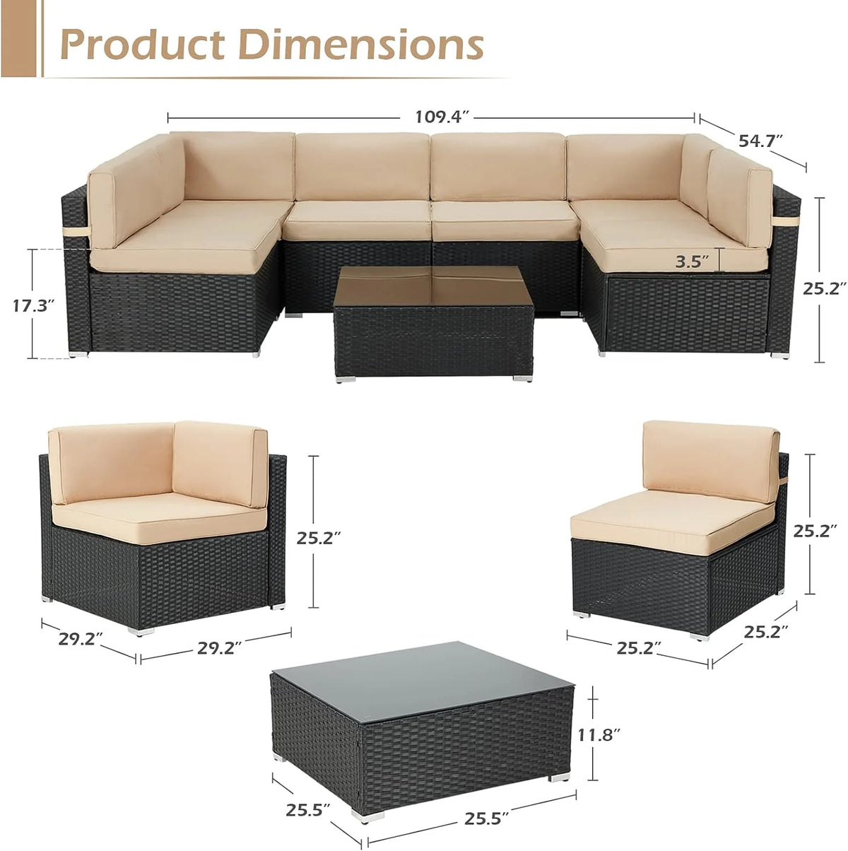 7 Piece Beige Rattan Wicker Sectional Sofa Set with Table V586327