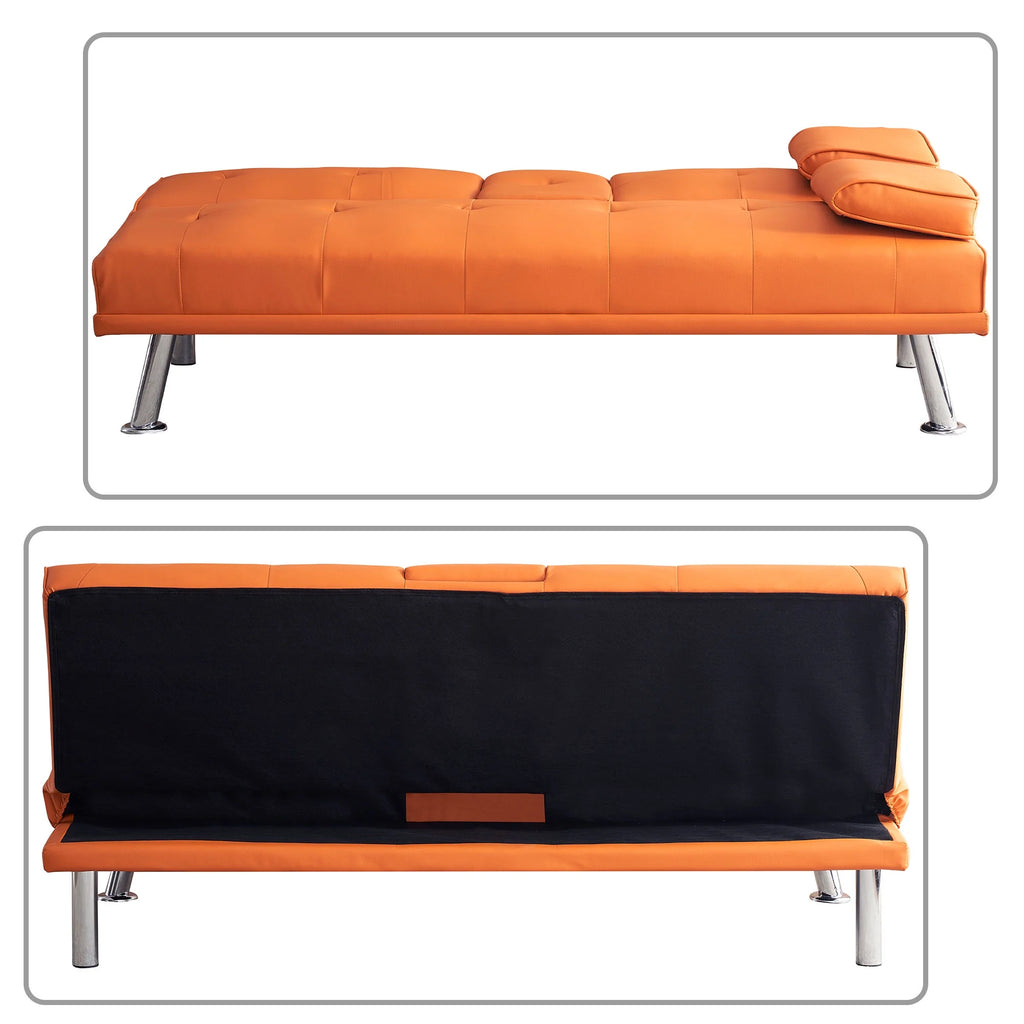 Orange Faux Leather Futon Sofa Bed with Cup Holders H51965