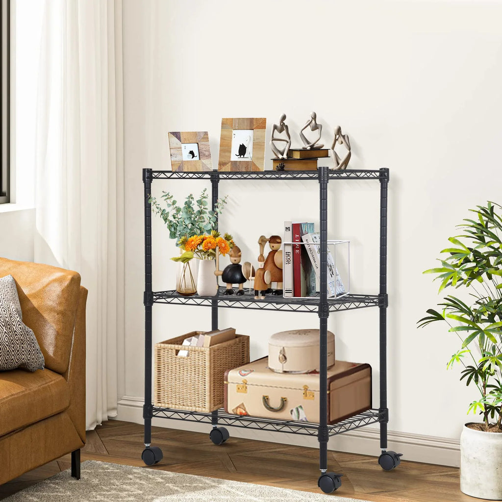 3-Tier Black Adjustable Wire Shelving Unit with Wheels I888968