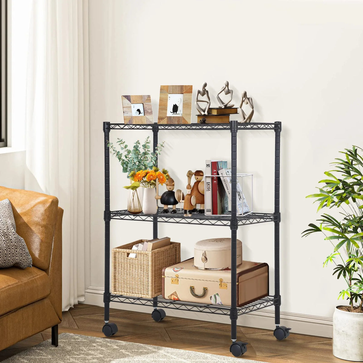 3-Tier Black Adjustable Wire Shelving Unit with Wheels I888968