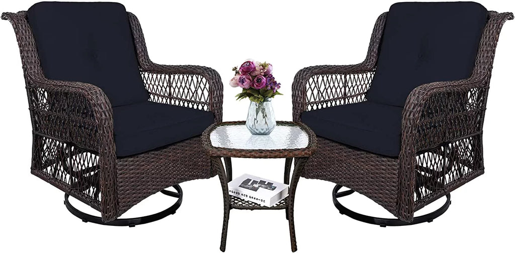3-Piece Wicker Bistro Set Swivel Rocking Chairs Glass-Top Coffee Table S773137