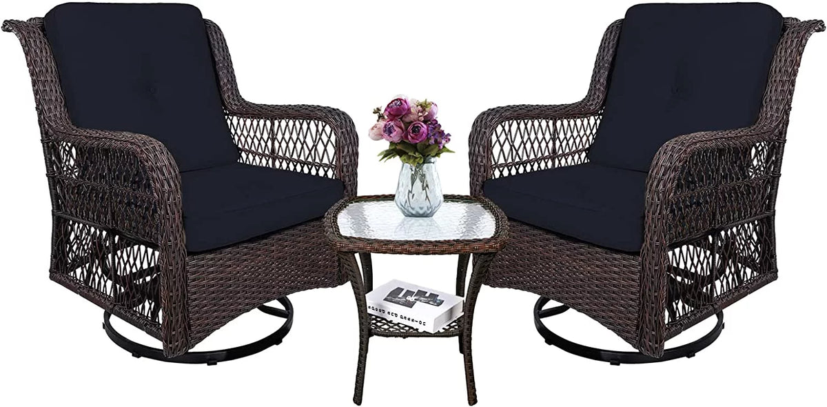 3-Piece Wicker Bistro Set Swivel Rocking Chairs Glass-Top Coffee Table S773137