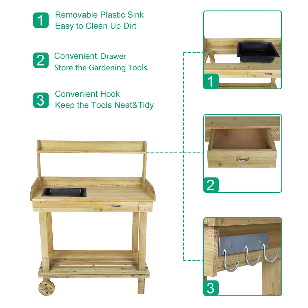 Wooden Potting Bench Table with Wheels and Drawer R612