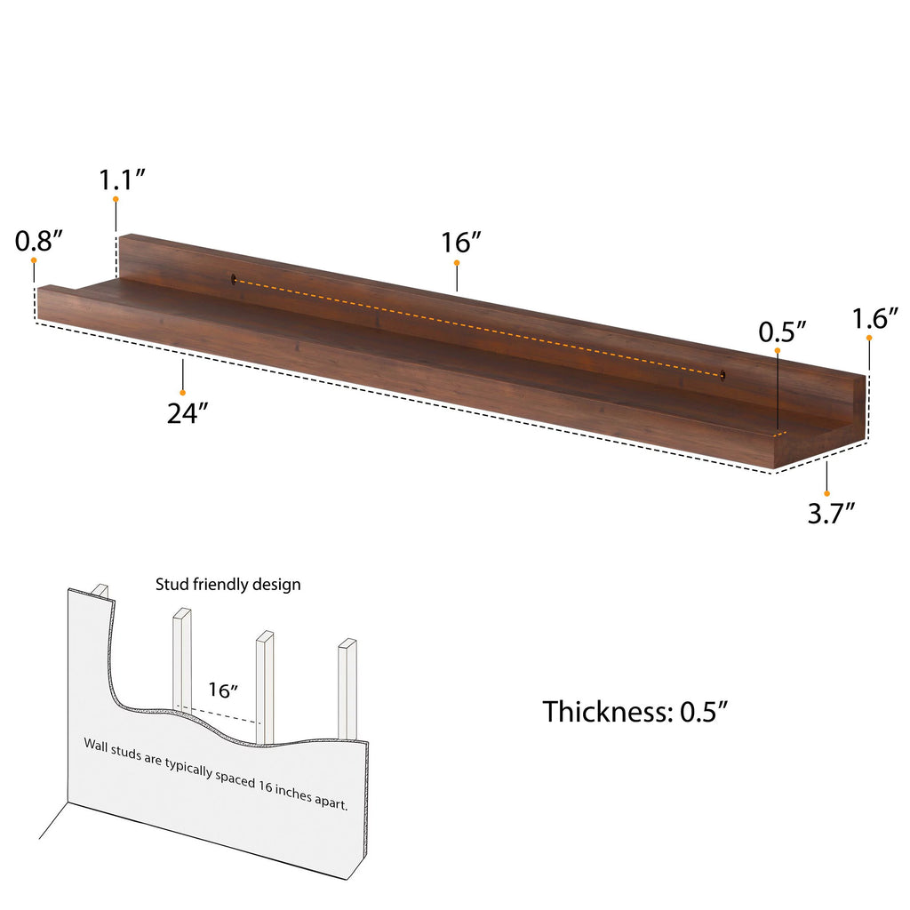 24" Walnut Wood Floating Shelves, Set of 2 S144