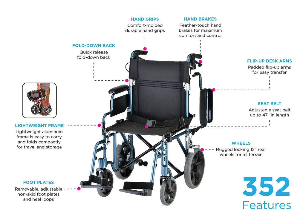 Lightweight Transport Chair with 12” Rear Wheels Blue C3868