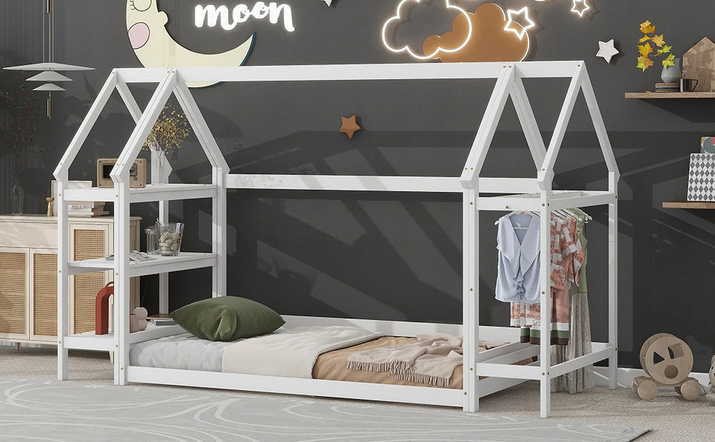 Twin House-Shaped Floor Bed Frame with 2 Detachable Stands White D948455