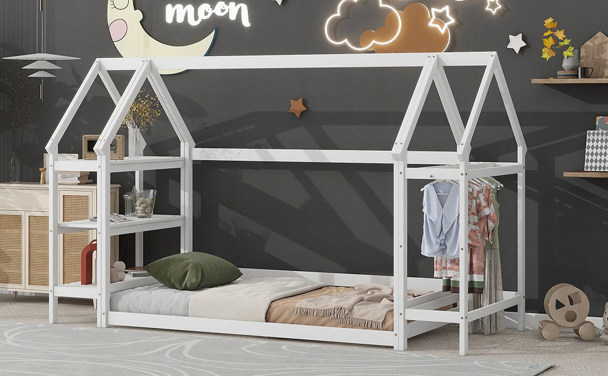 Twin House-Shaped Floor Bed Frame with 2 Detachable Stands White D948455