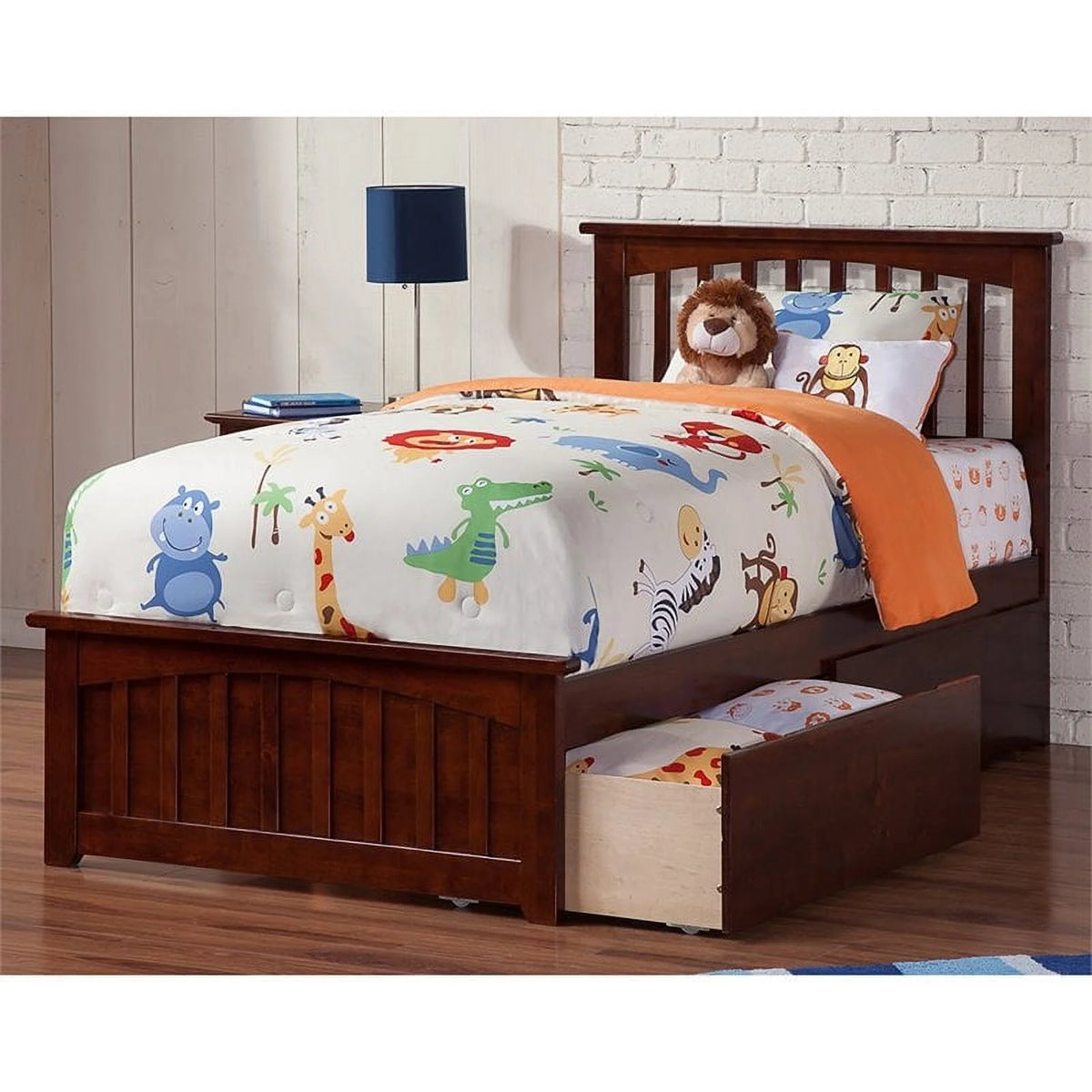 Twin-XL Walnut Hardwood Storage Platform Bed M26534
