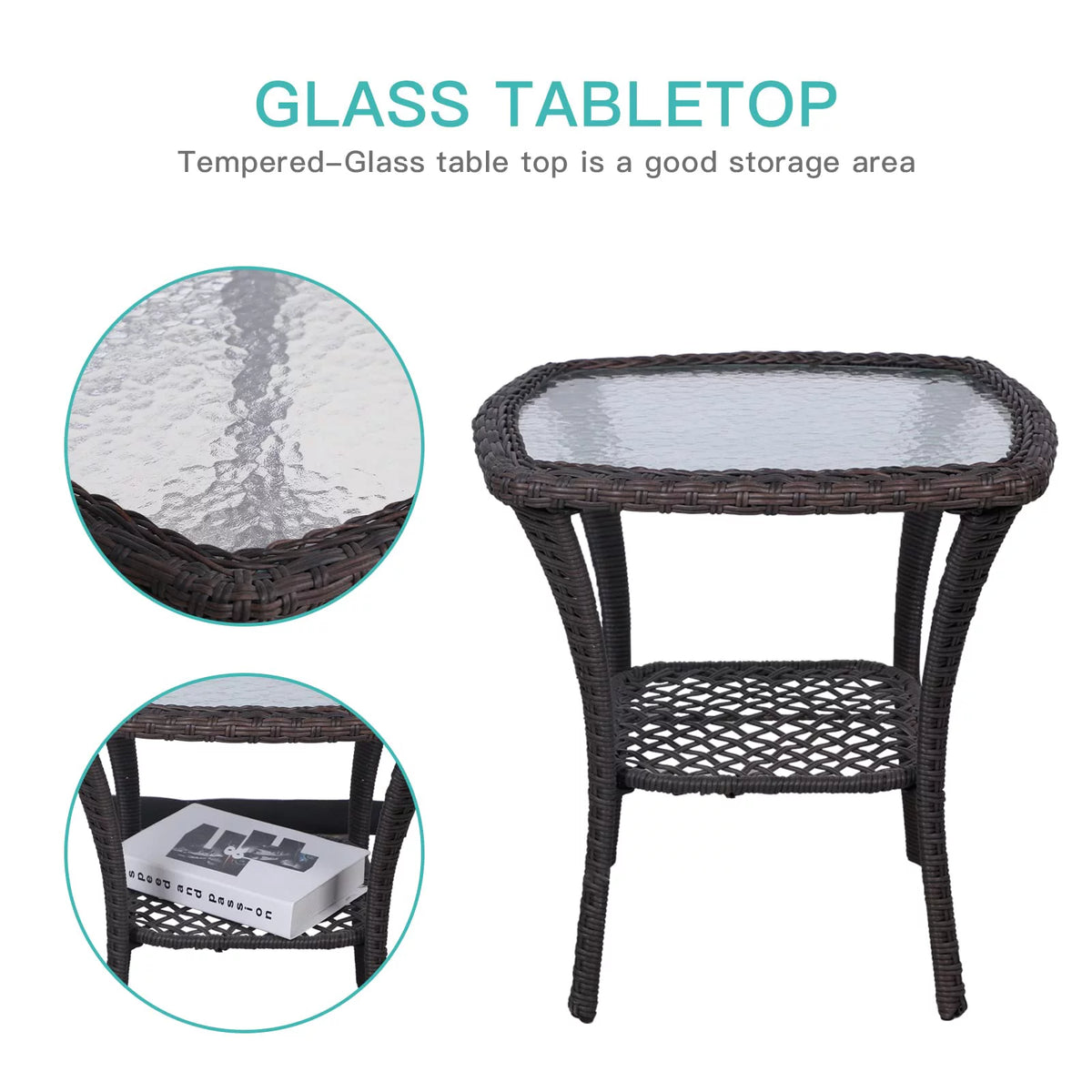 3-Piece Wicker Bistro Set Swivel Rocking Chairs Glass-Top Coffee Table S773137