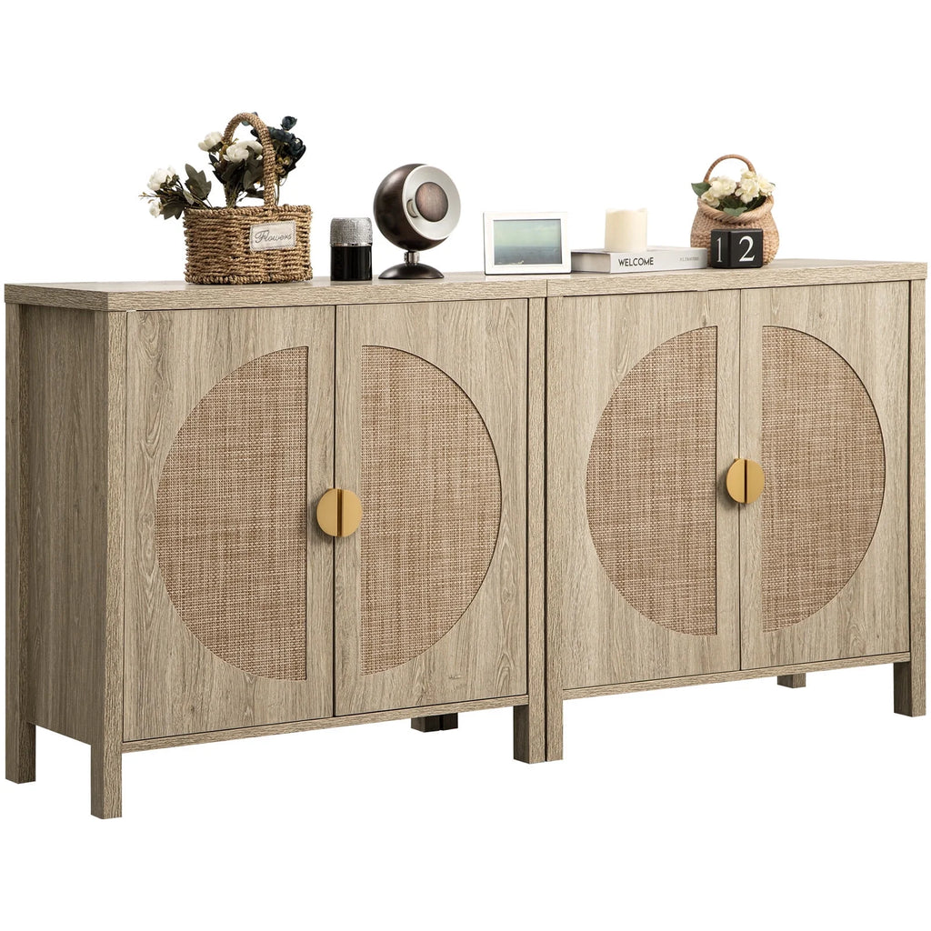 Oak Rattan Sideboard Storage Cabinet Set of 2 Z53374