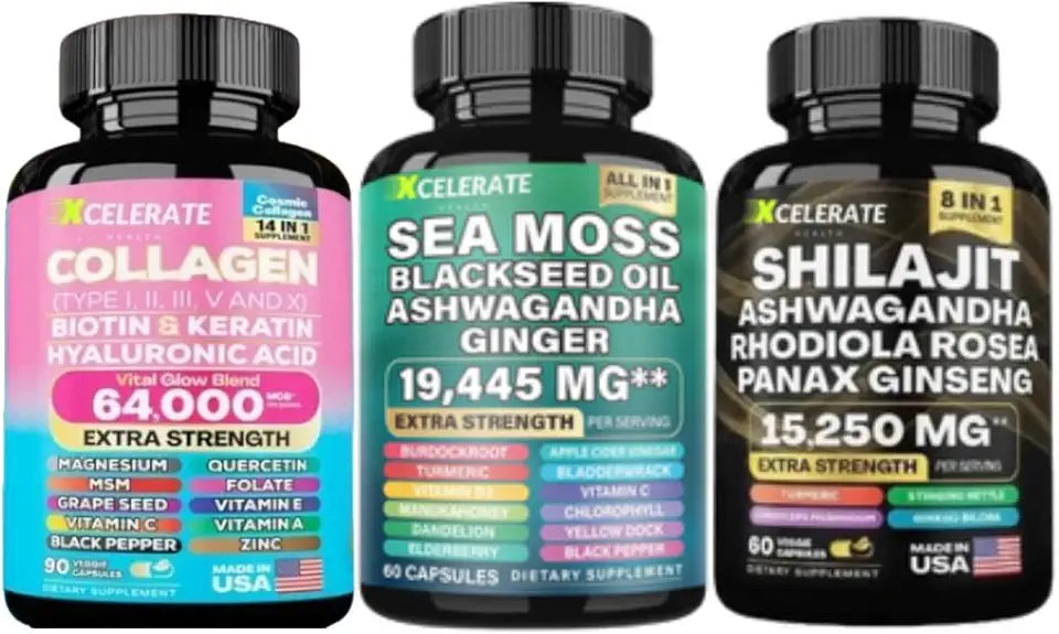Collagen Peptides Types I, II, III, V & X Biotin Keratin Shilajit Ashwagandha Sea Moss Black Seed Oil 3 Bottle I447778