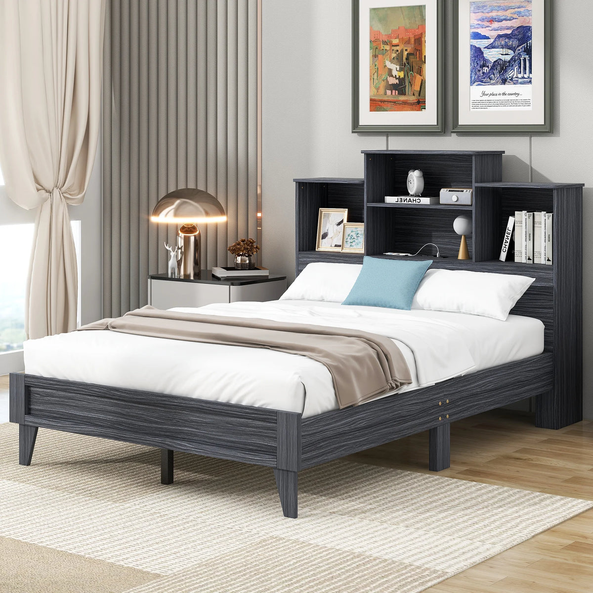 Wood Full Size Platform Bed with Storage Headboard W572817