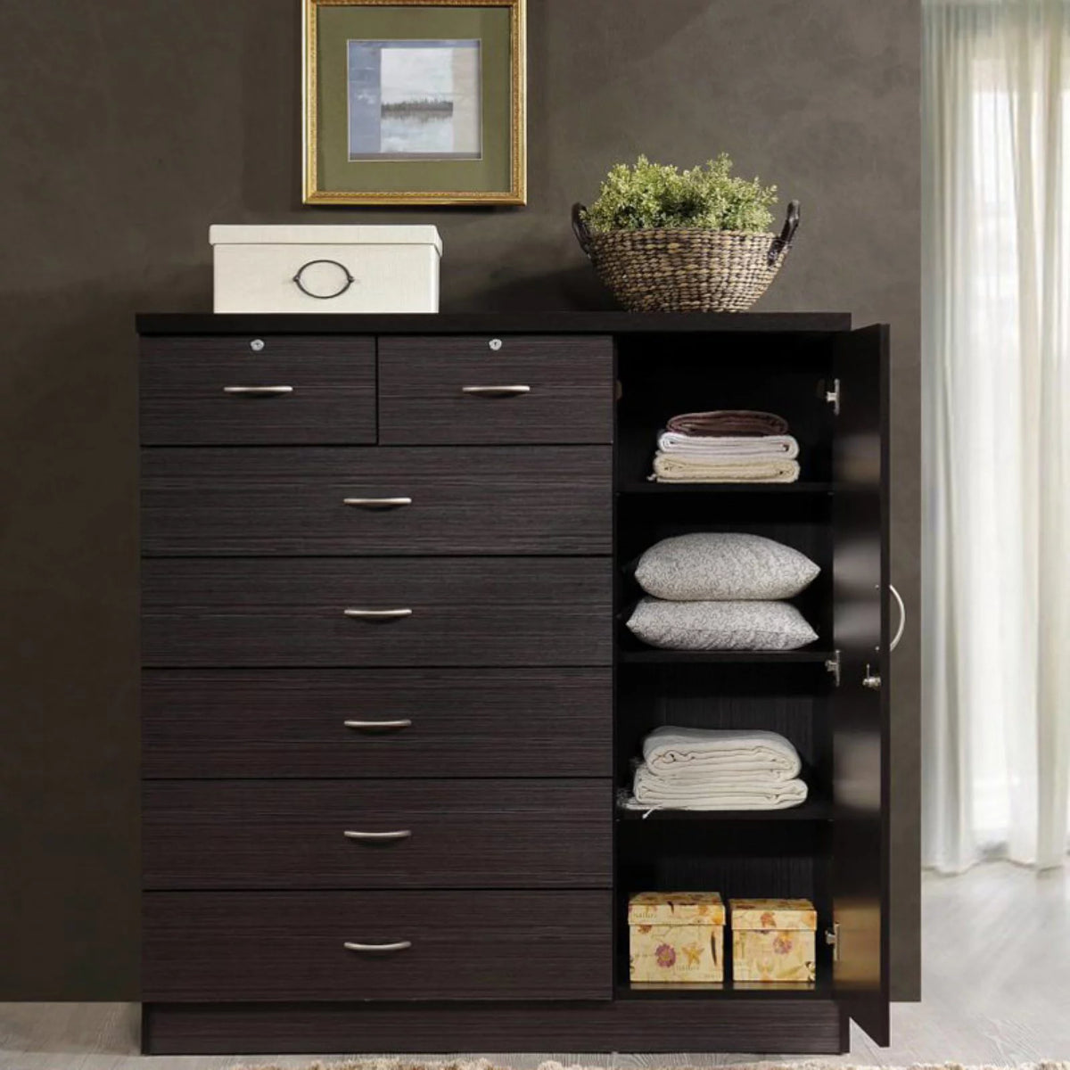 White 7 Drawer Chest with Locks and 1 Door 3 Shelves H855