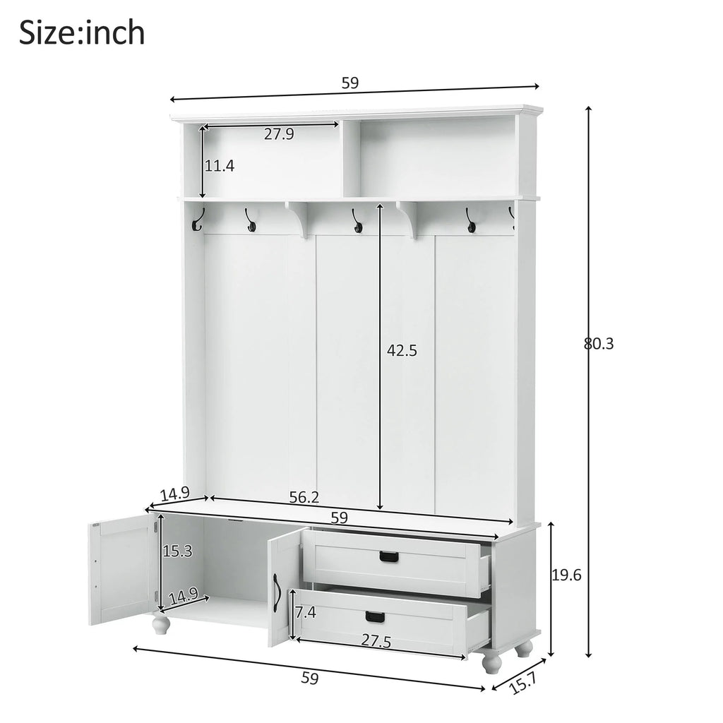 White Hall Tree with Storage Cabinet and 2 Drawers N7673