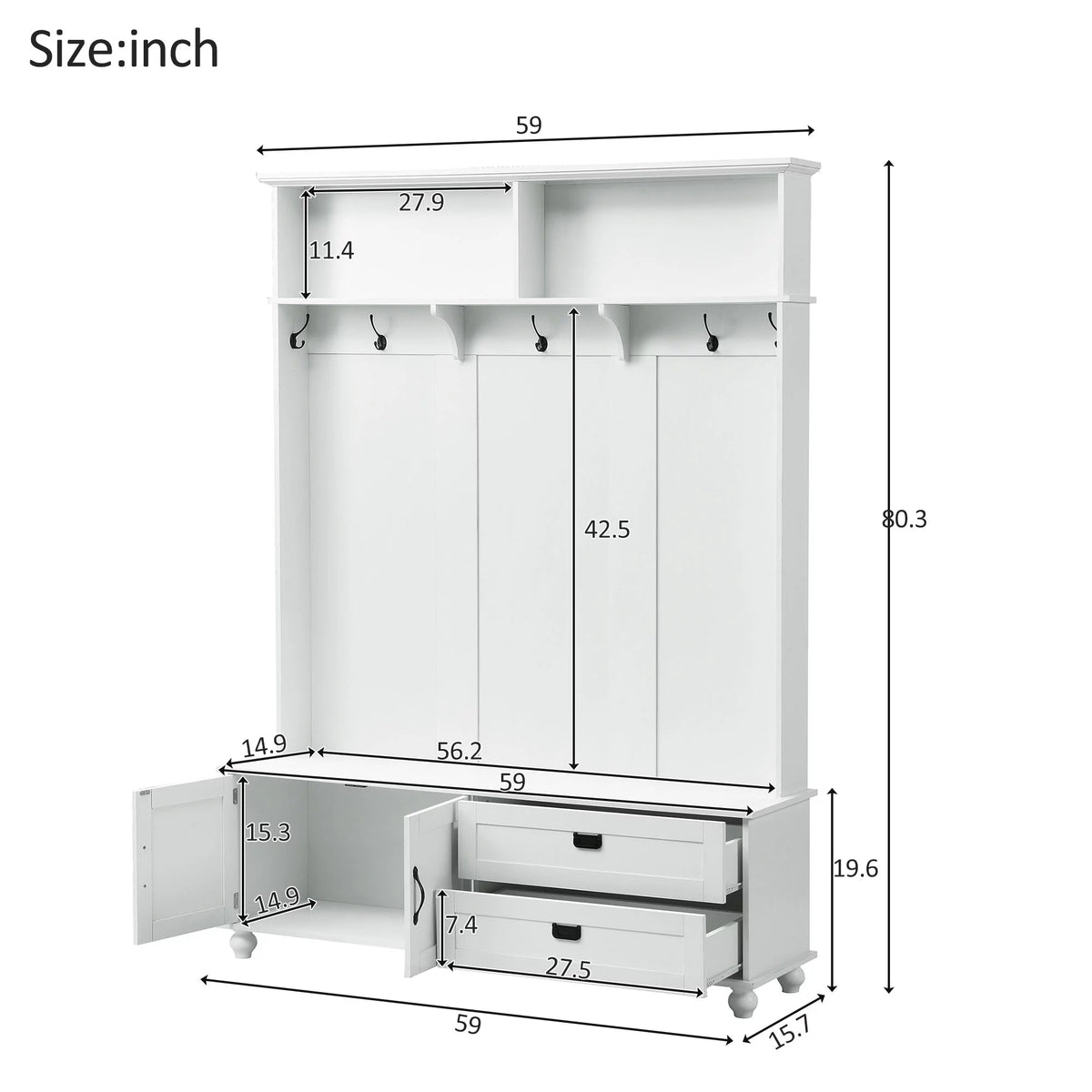 White Hall Tree with Storage Cabinet and 2 Drawers N7673