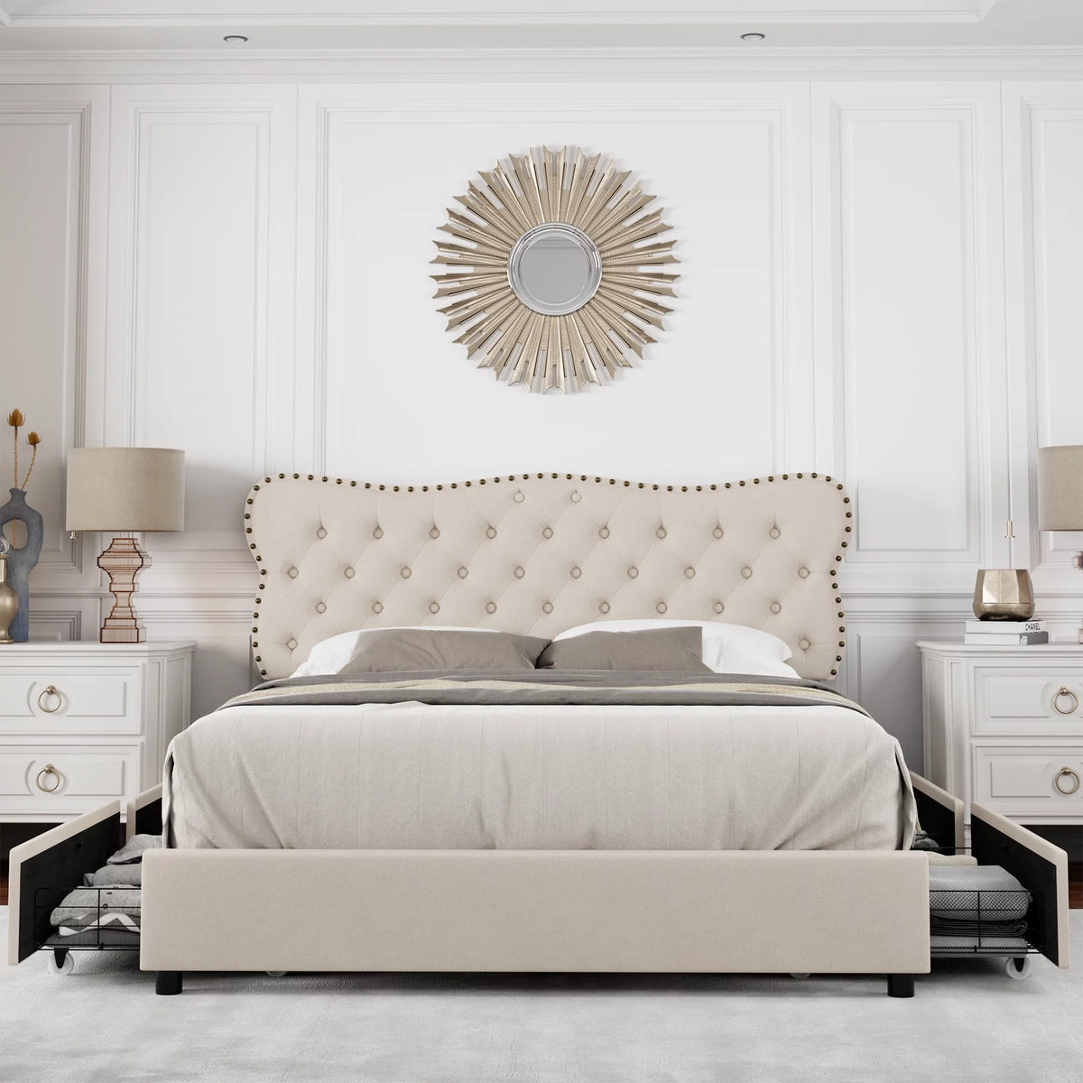 White Queen Bed Frame with Drawer J711544