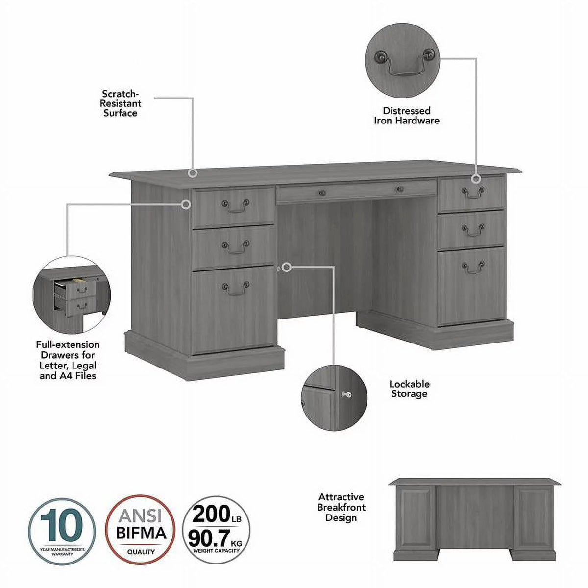 Gray Wood Executive Desk with Drawers U199286