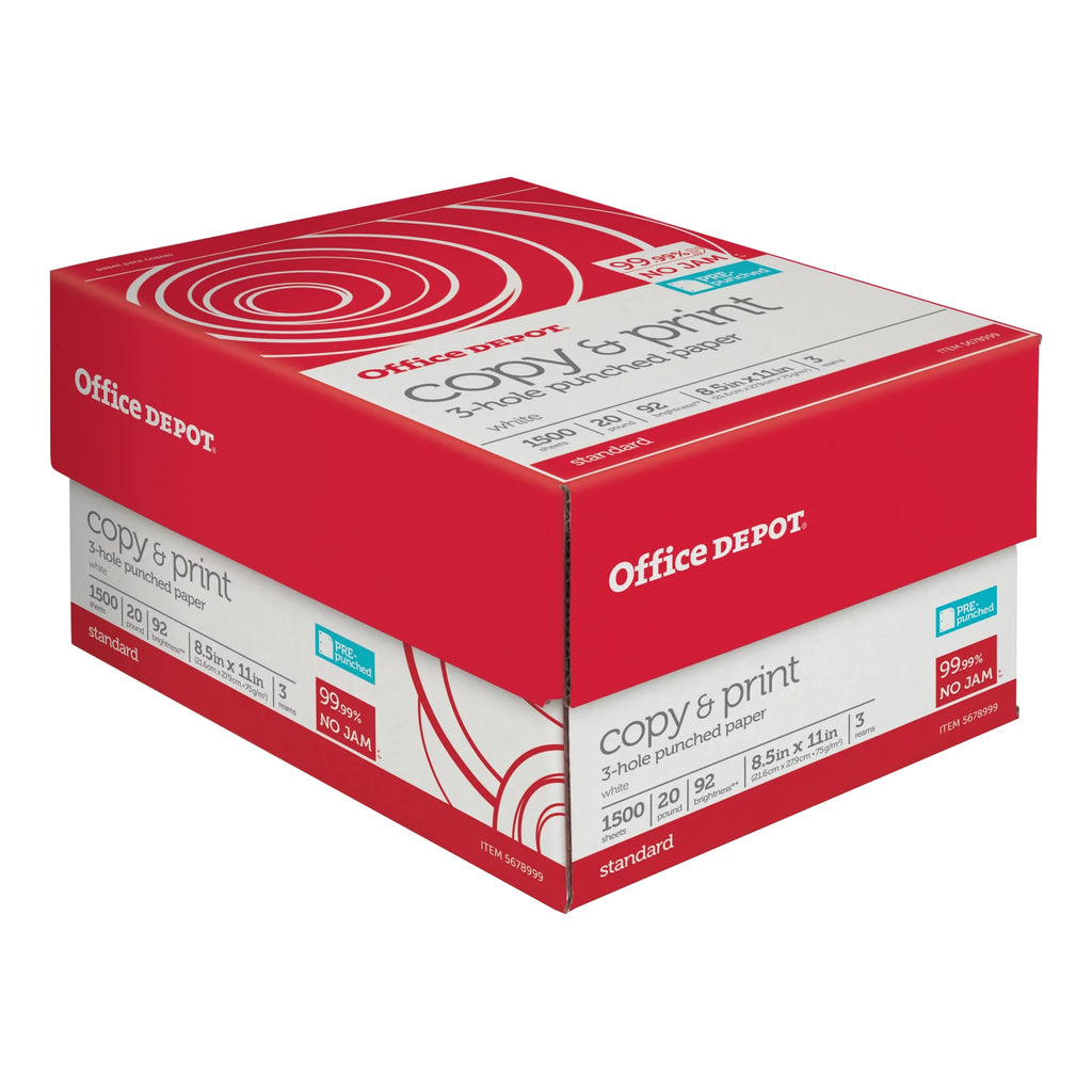 3-Hole Punched White Printer & Copy Paper, 1500 Sheets, 20 Lb, 92 Brightness D954