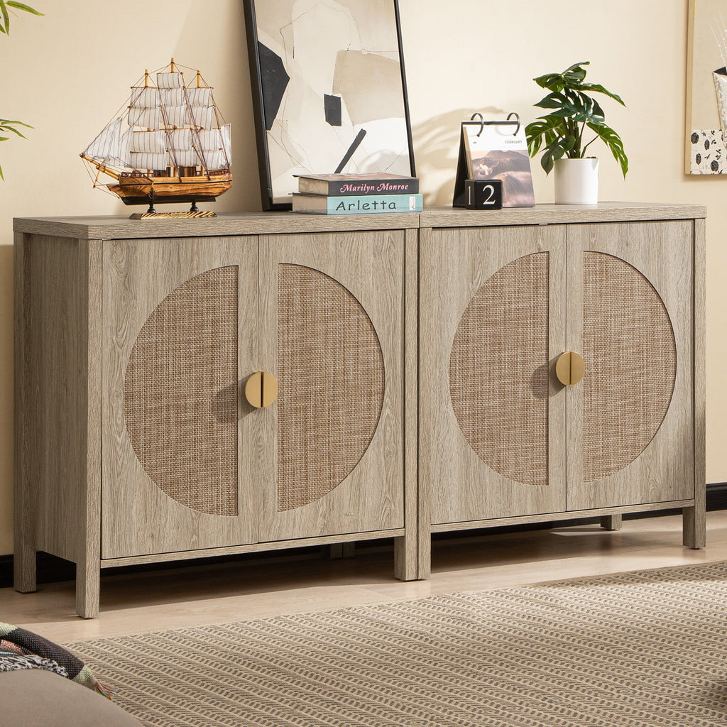Oak Rattan Sideboard Storage Cabinet Set of 2 Z53374