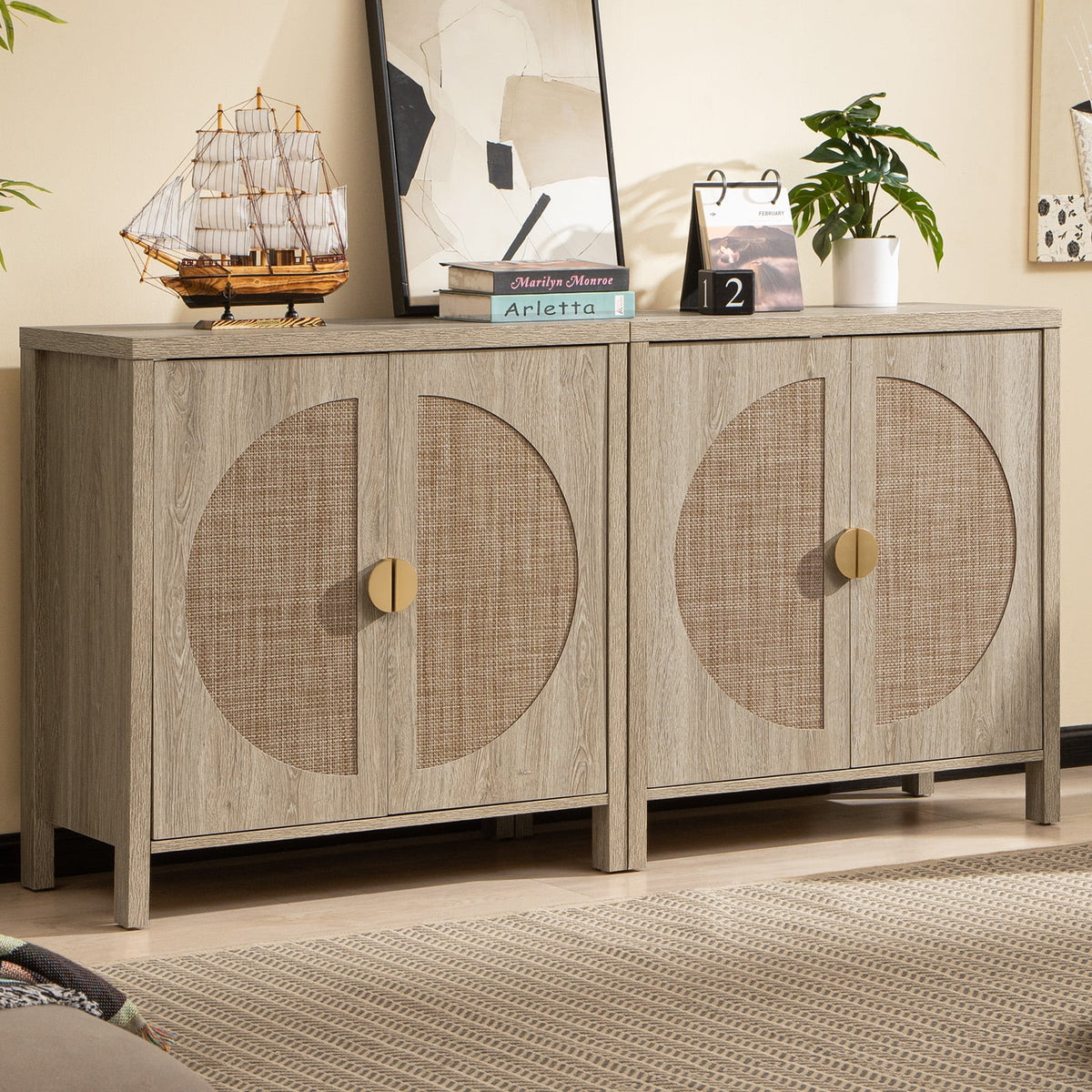 Oak Rattan Sideboard Storage Cabinet Set of 2 Z53374