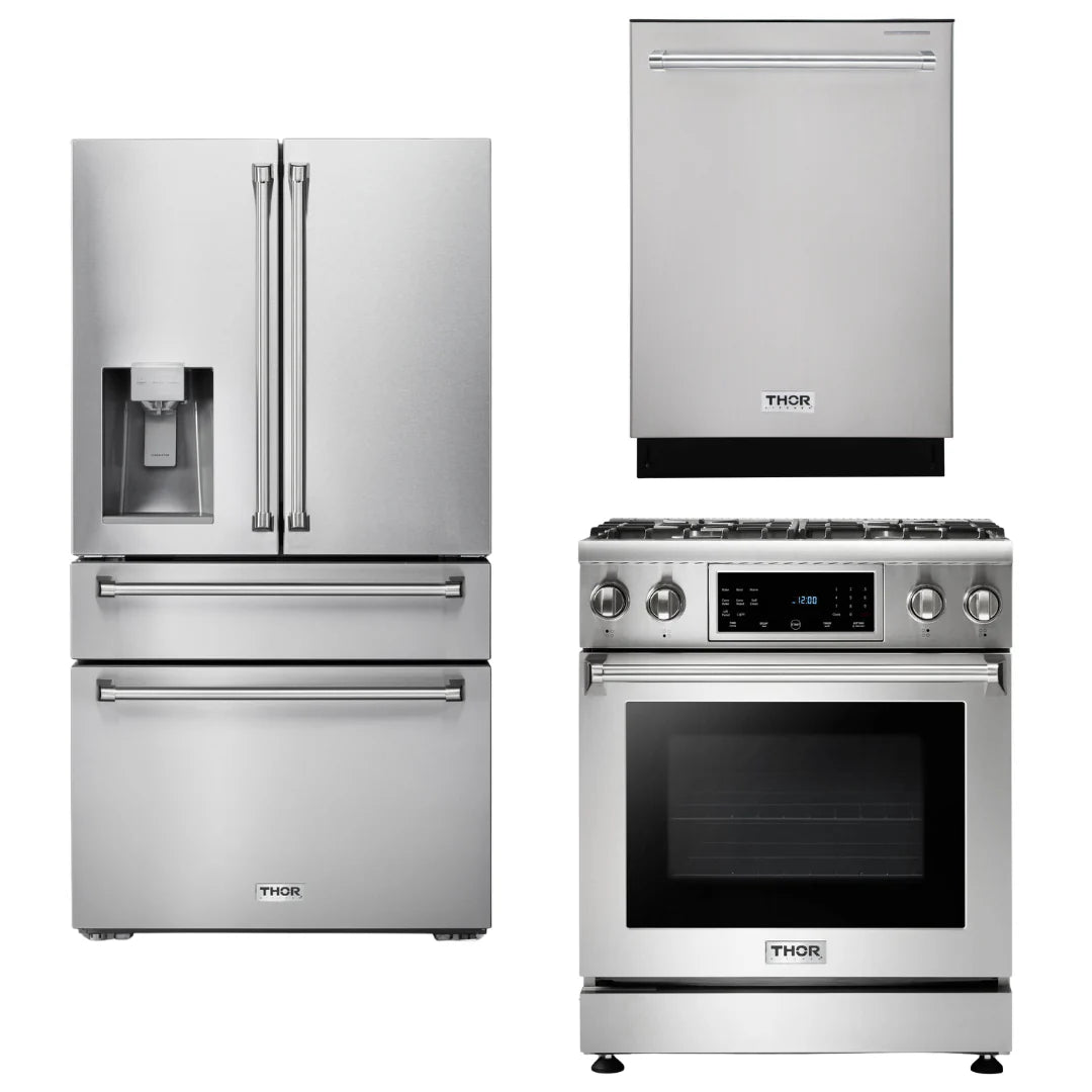 30 In. Propane Gas Range, Refrigerator with Water and Ice Dispenser, Dishwasher N197