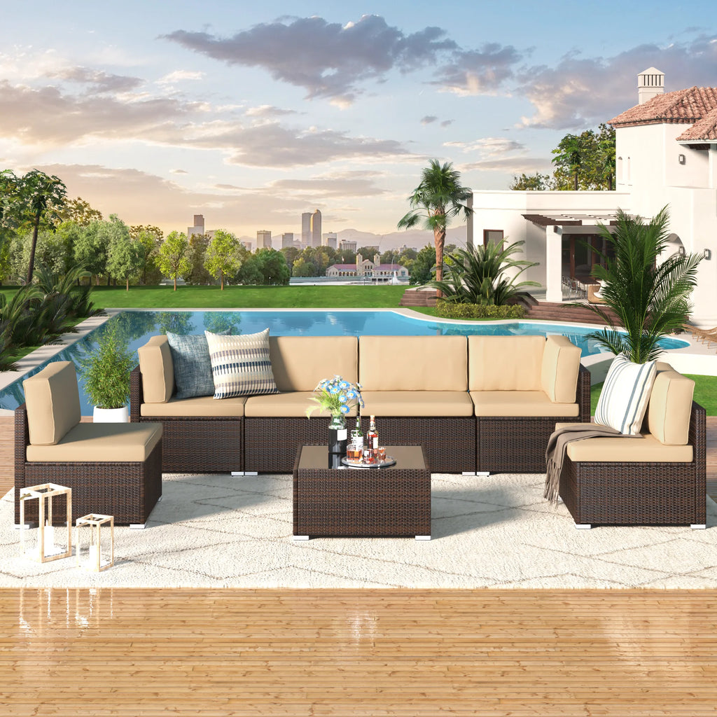 7 Piece Beige Rattan Wicker Sectional Sofa Set with Table V586327