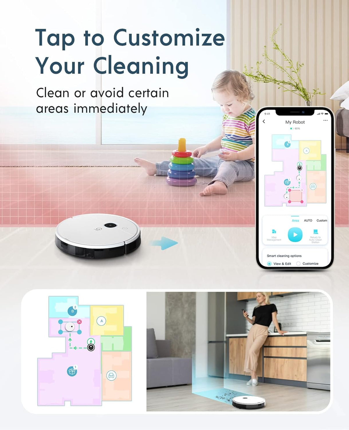 Robot Vacuum and Mop, 3000Pa Suction, 200mins Runtime A7889