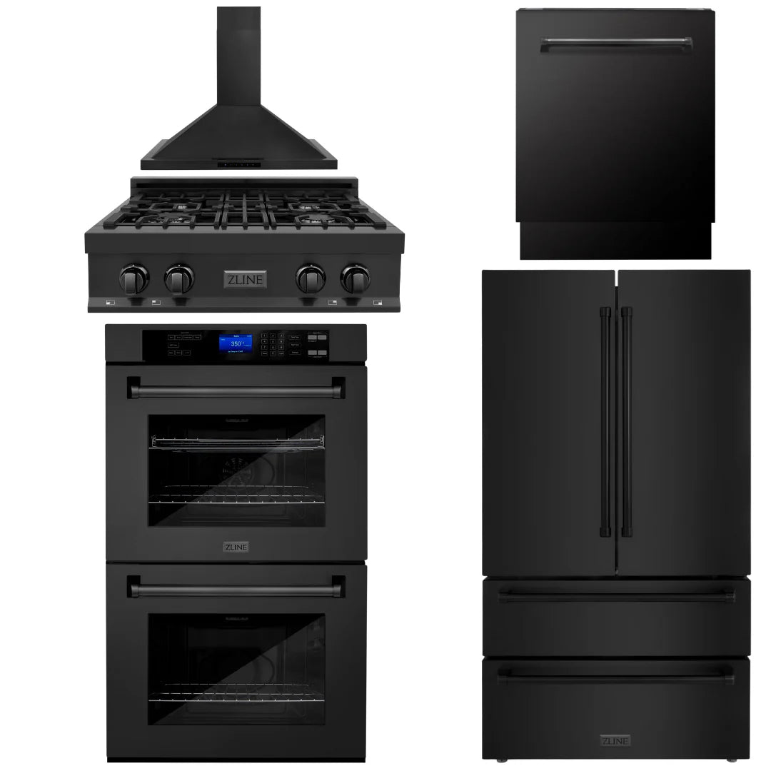 30 Gas Rangetop, Range Hood, Refrigerator, Dishwasher, Double Wall Oven in Black Stainless S339887