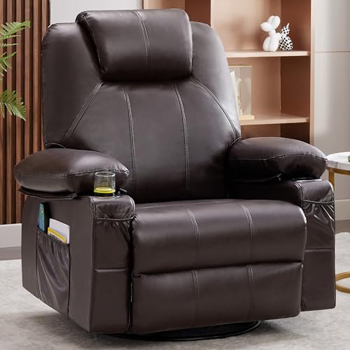 Brown Leather Oversized Swivel Rocker Recliner Chair with Heat and Massage T443977