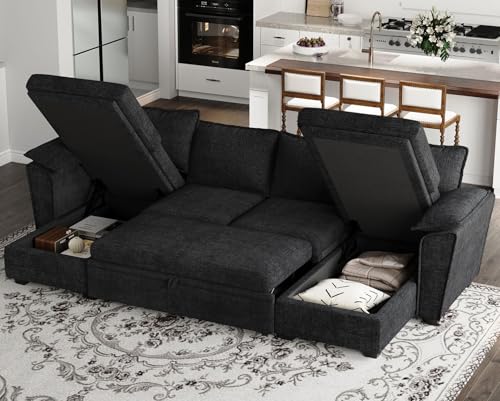 Oversized Modular Sectional Sleeper Sofa with Pull Out Bed and Storage Ottomans Chenille Black K741