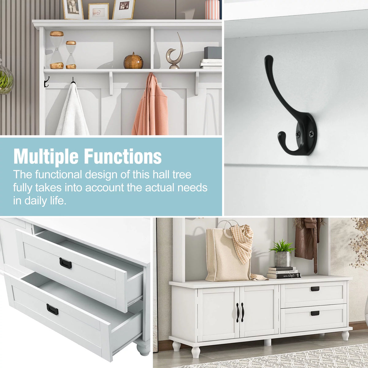 White Hall Tree with Storage Cabinet and 2 Drawers N7673