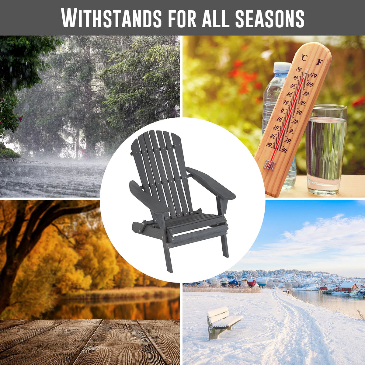 Folding Adirondack Chair Weather Resistant Wood Patio Chair Grey J33987