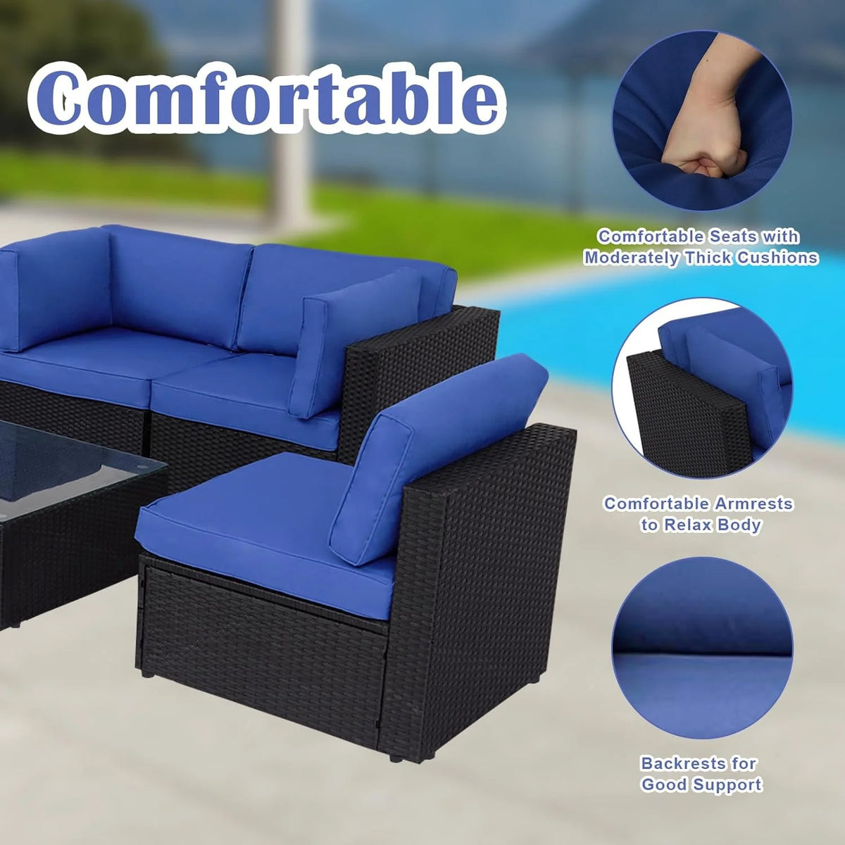 7 Pc Pe Rattan Wicker Sofa Sectional Set with Dark Blue Cushions T439190