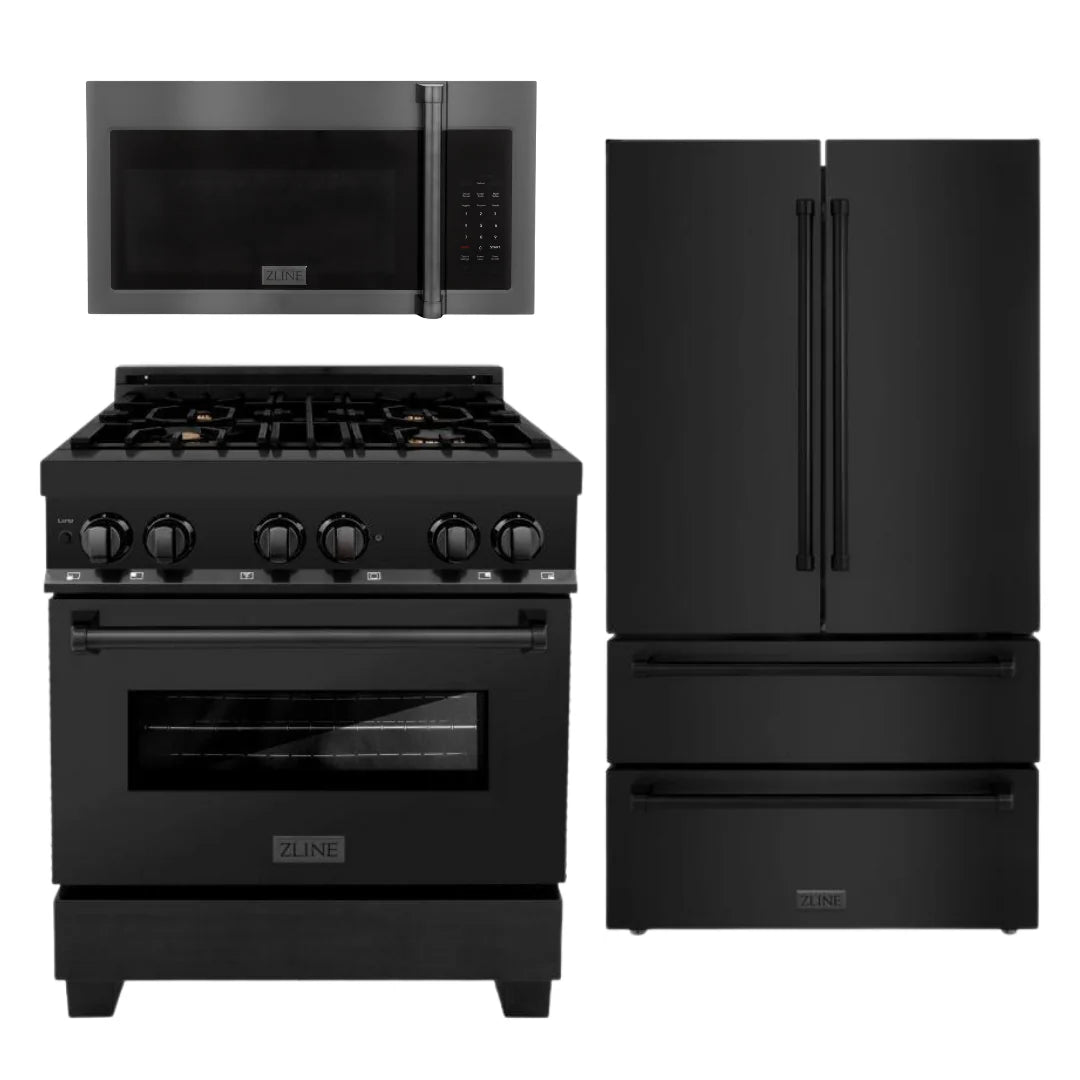 30 in. Dual Fuel Range, Microwave, Refrigerator in Black Stainless X426626