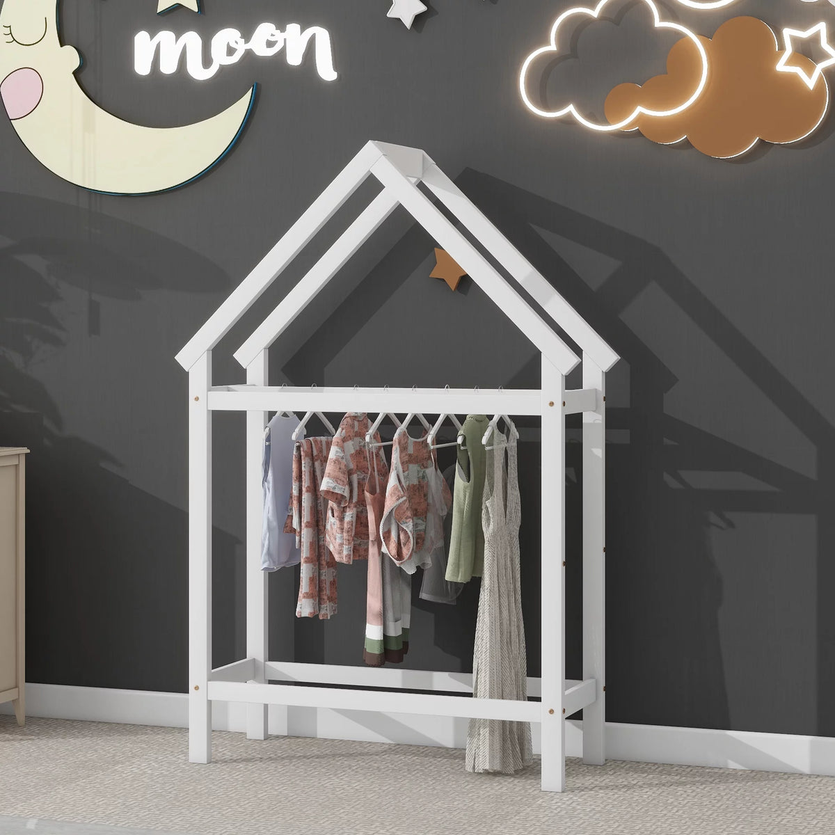 Twin House-Shaped Floor Bed Frame with 2 Detachable Stands White D948455