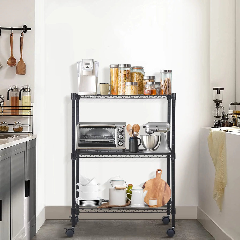 3-Tier Black Adjustable Wire Shelving Unit with Wheels I888968