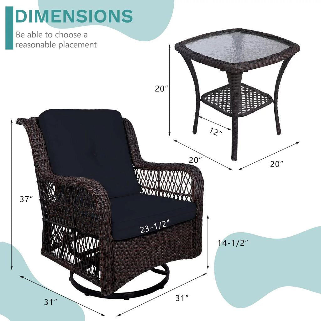 3-Piece Wicker Bistro Set Swivel Rocking Chairs Glass-Top Coffee Table S773137