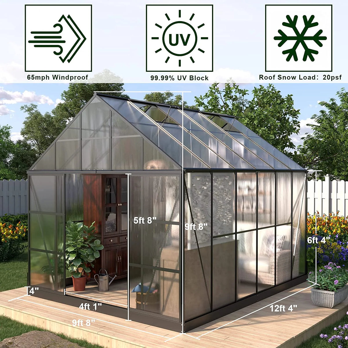6x12 FT Polycarbonate Greenhouse with Lockable Hinged Door H676714
