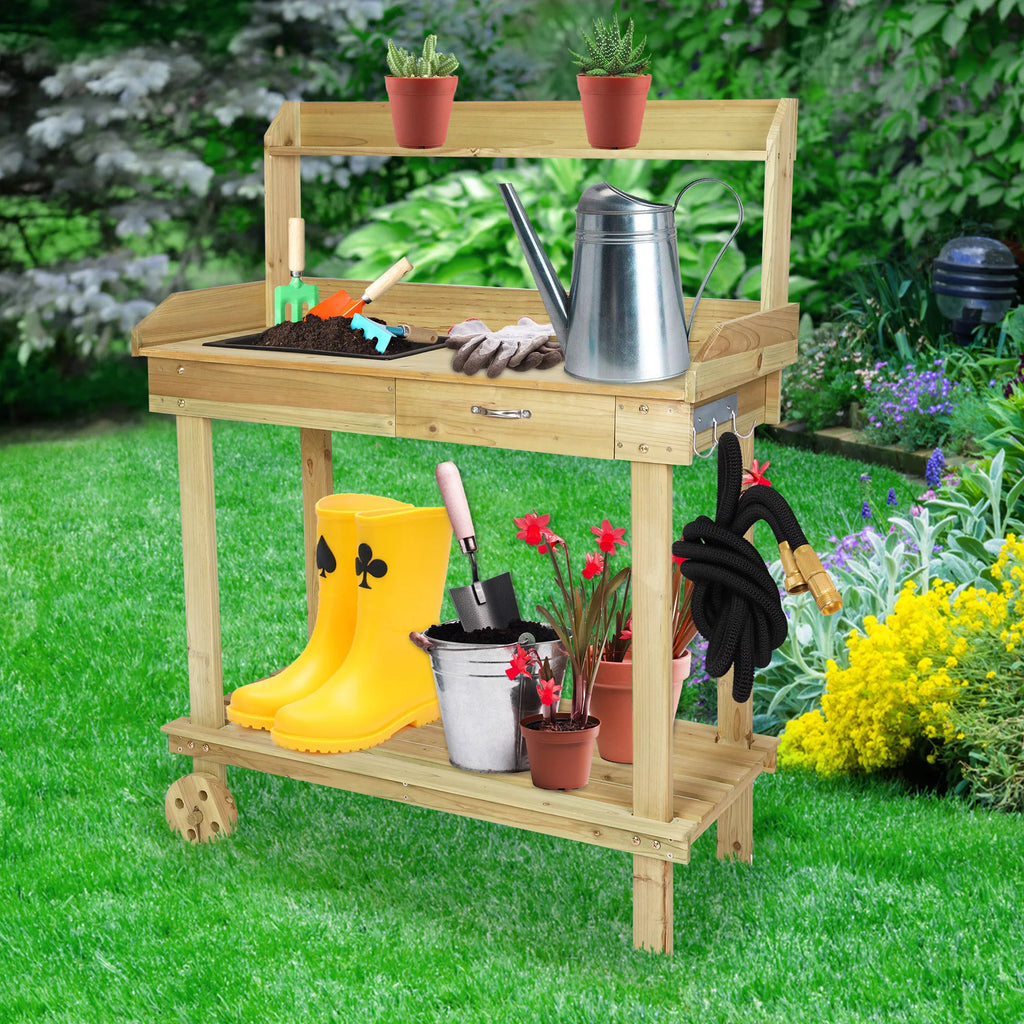 Wooden Potting Bench Table with Wheels and Drawer R612