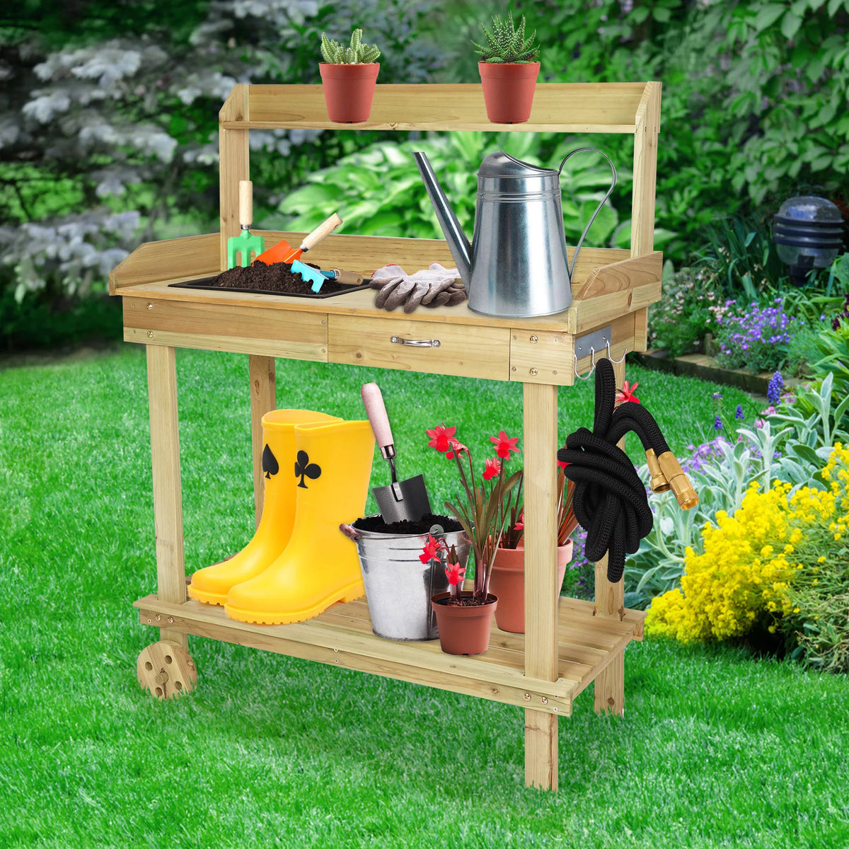 Wooden Potting Bench Table with Wheels and Drawer R612