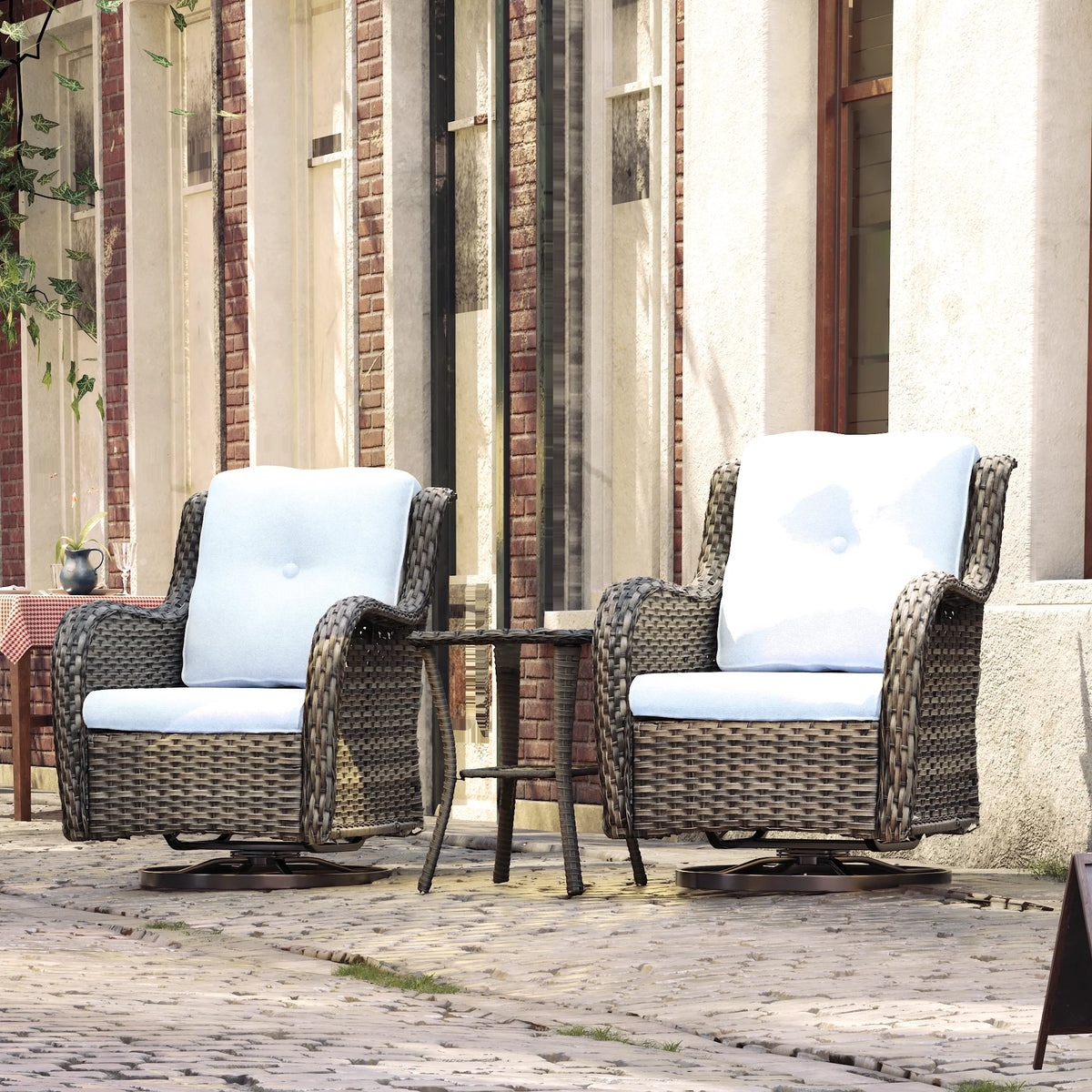 Outdoor Swivel Rocker Wicker Patio Chairs Set of 2 with Table, Blue W925