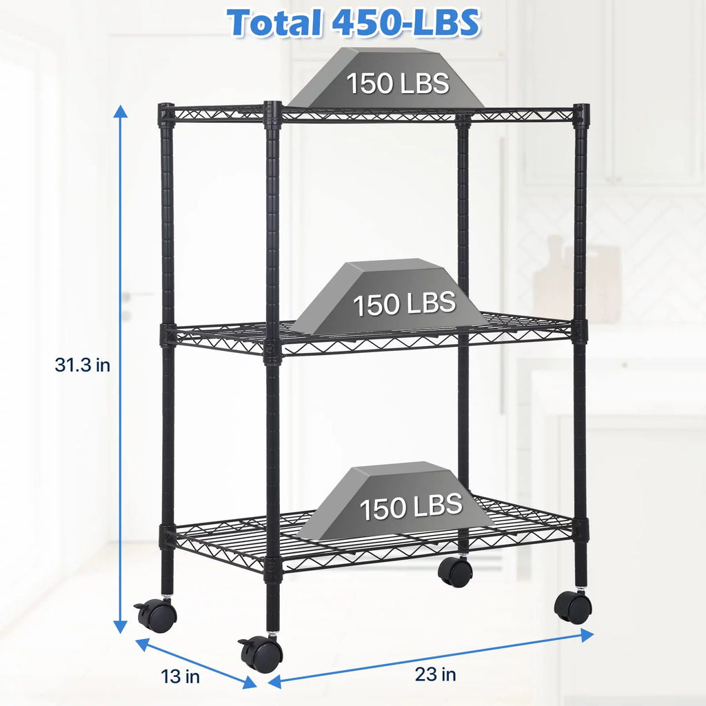 3-Tier Black Adjustable Wire Shelving Unit with Wheels I888968