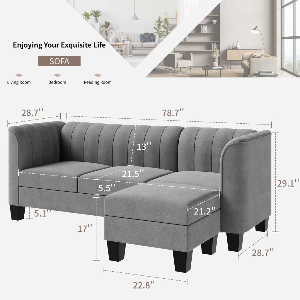 Black L Shaped Linen Fabric Sectional Sofa T3431