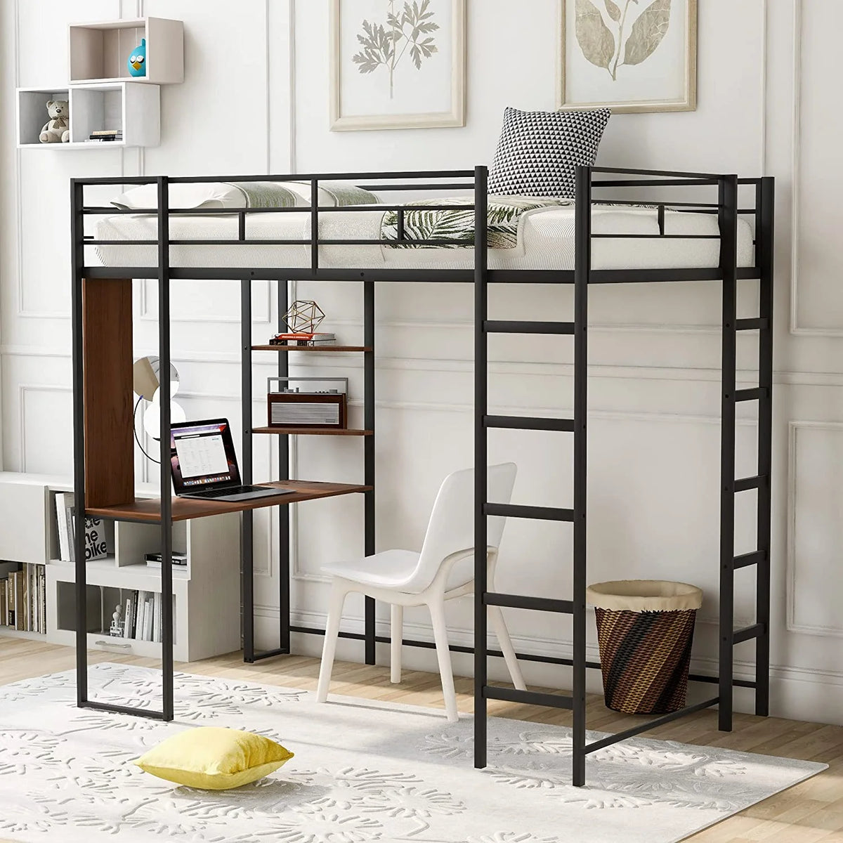 High Loft Bed with Desk and Shelves I31759