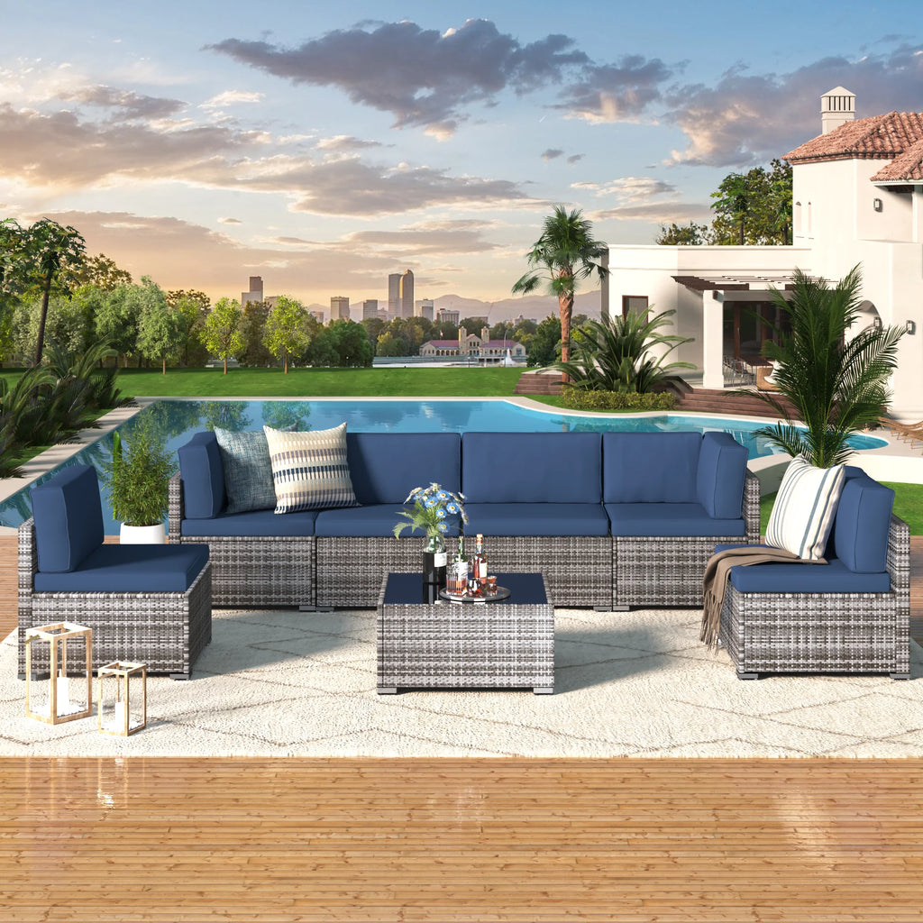 7 Piece Beige Rattan Wicker Sectional Sofa Set with Table V586327