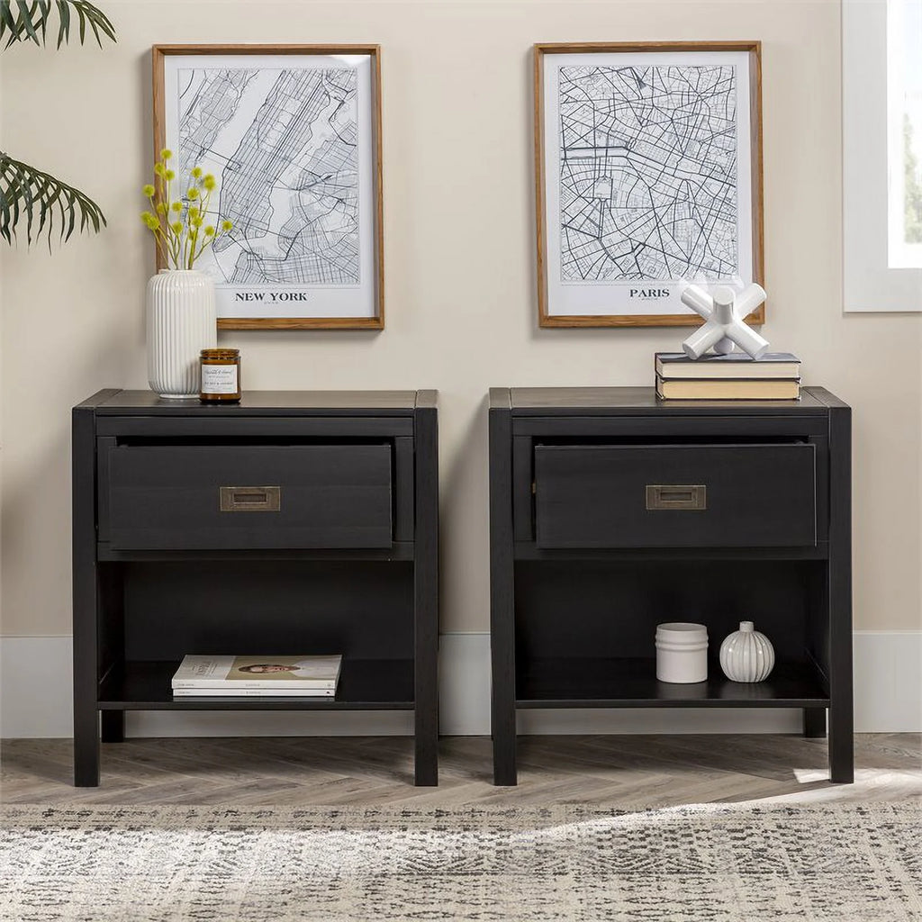 2-Piece 1-Drawer Solid Wood Nightstand Set in Black N587