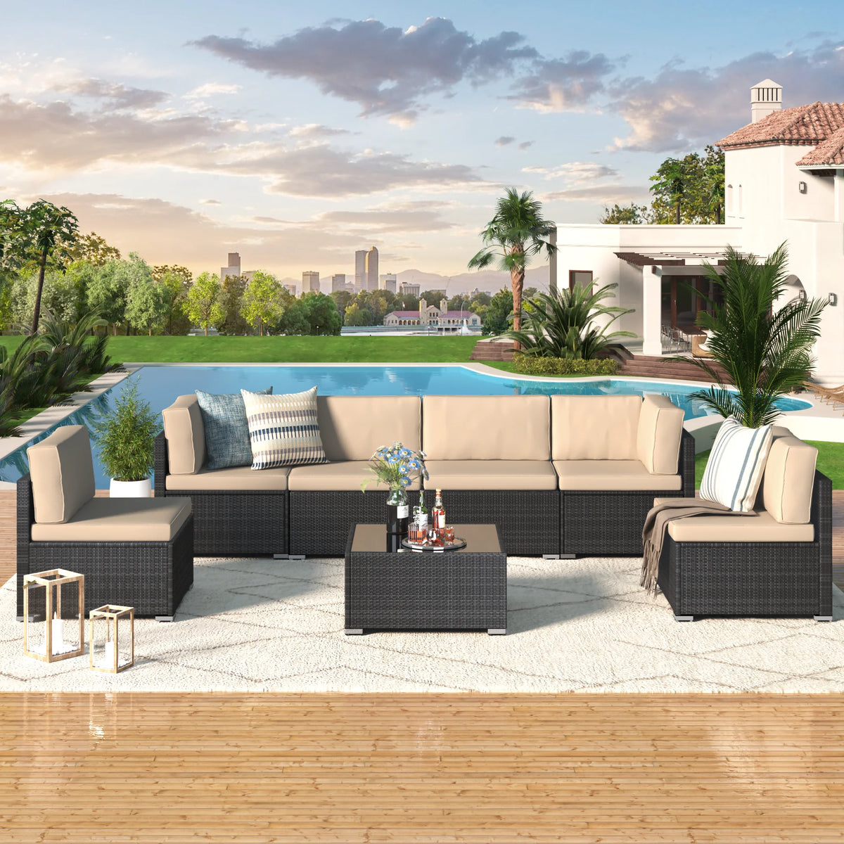7 Piece Beige Rattan Wicker Sectional Sofa Set with Table V586327