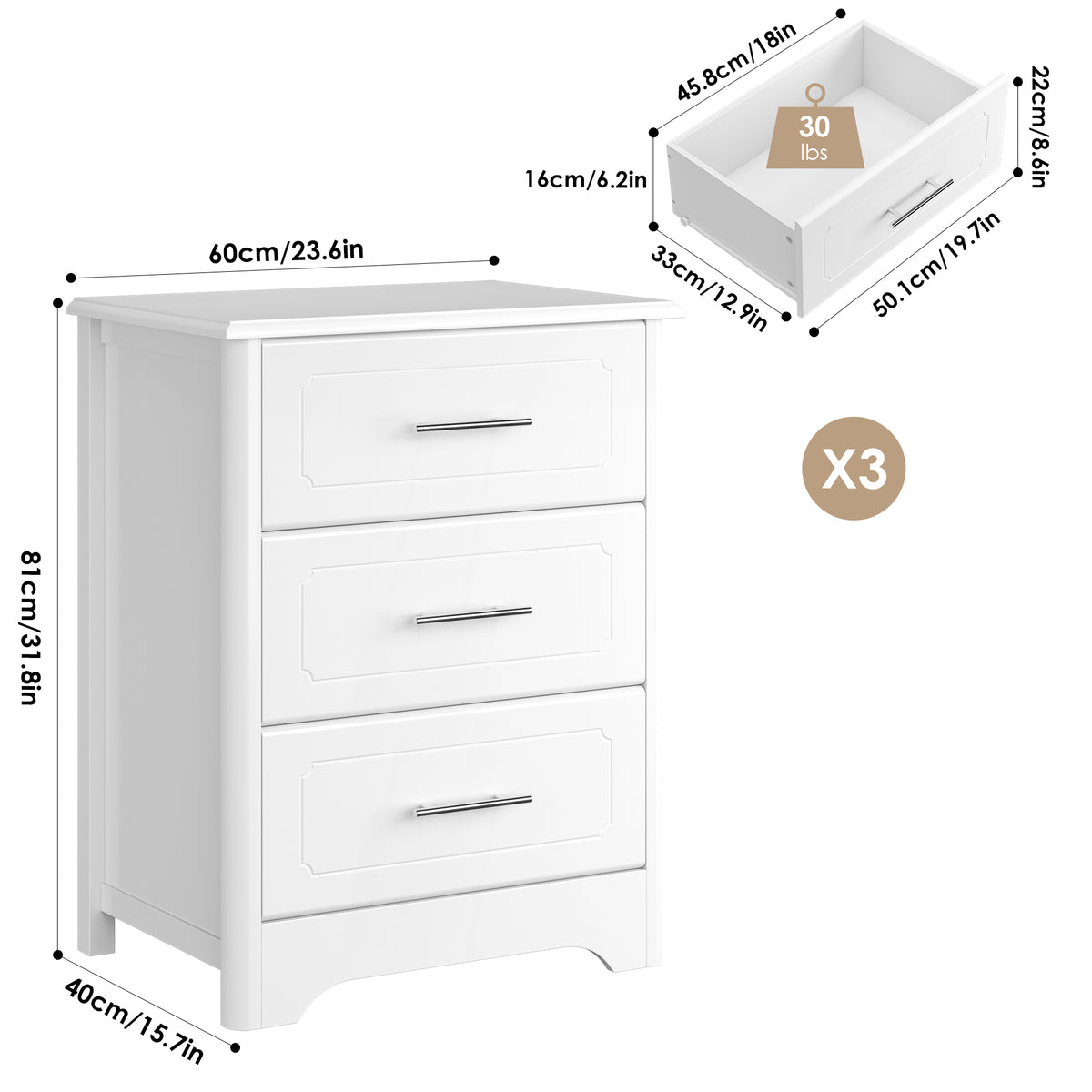 White 3 Drawer Dresser X2085