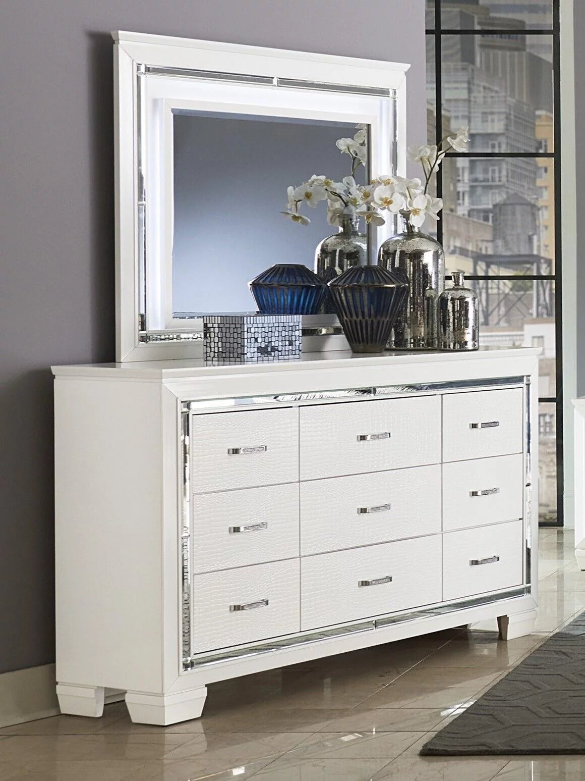 White 4pc Eastern King Bedroom Set with LED Headboard Nightstand Dresser Mirror D35798