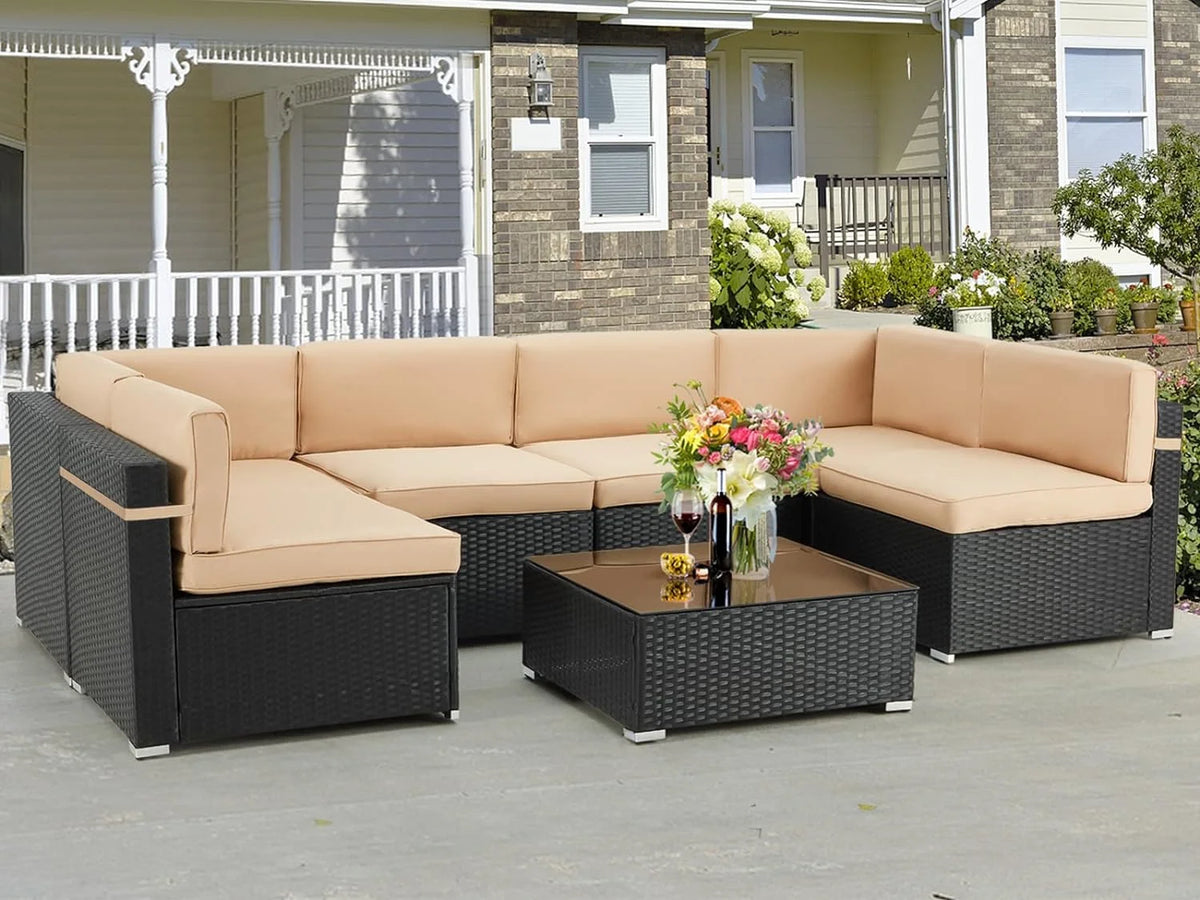 7 Piece Beige Rattan Wicker Sectional Sofa Set with Table V586327